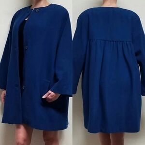 Rare Vintage 1970s Anne Klein Blue Wool Cashmere Pleated Topcoat Swing Coat